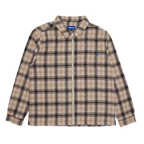 Plaid Brushed Flannel Zip Shirt - Pink/Brown