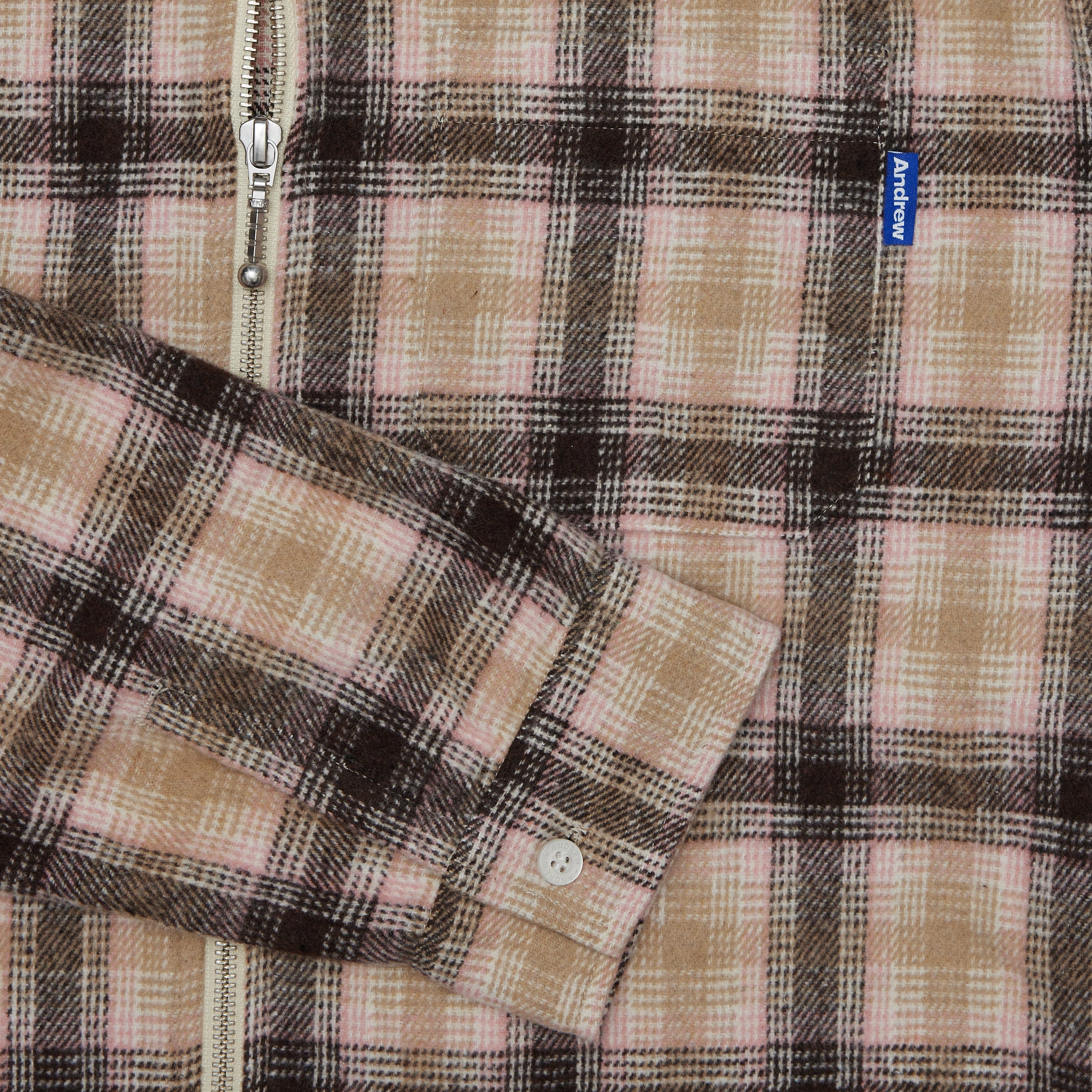 Plaid Brushed Flannel Zip Shirt - Pink/Brown
